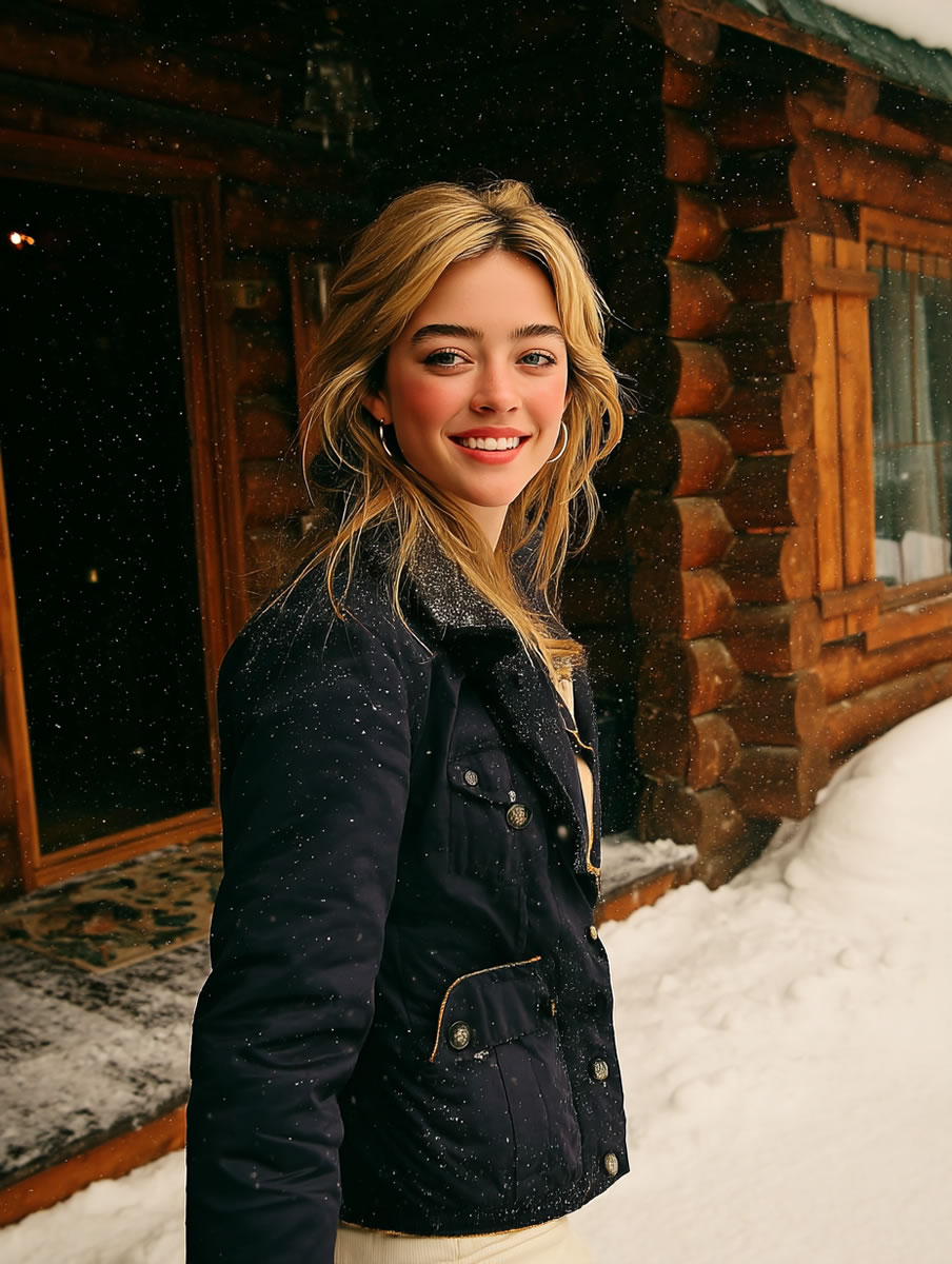 Maisie Hart smiling outside a snowy cabin