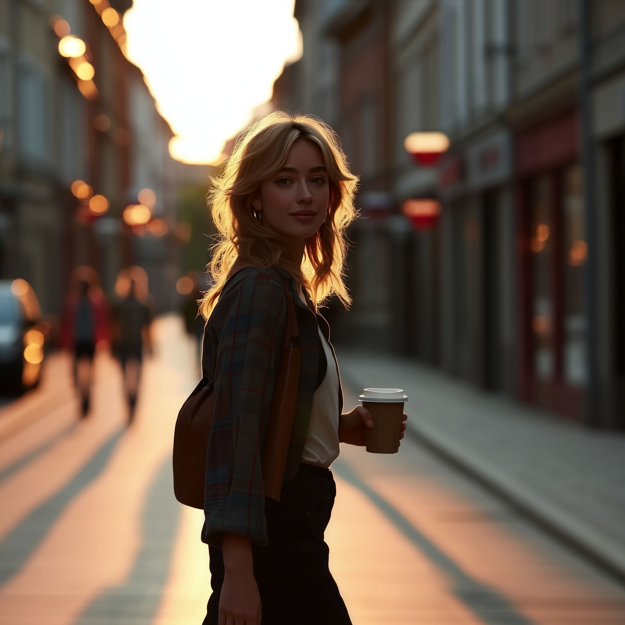 Maisie Hart walking in a city street at sunset